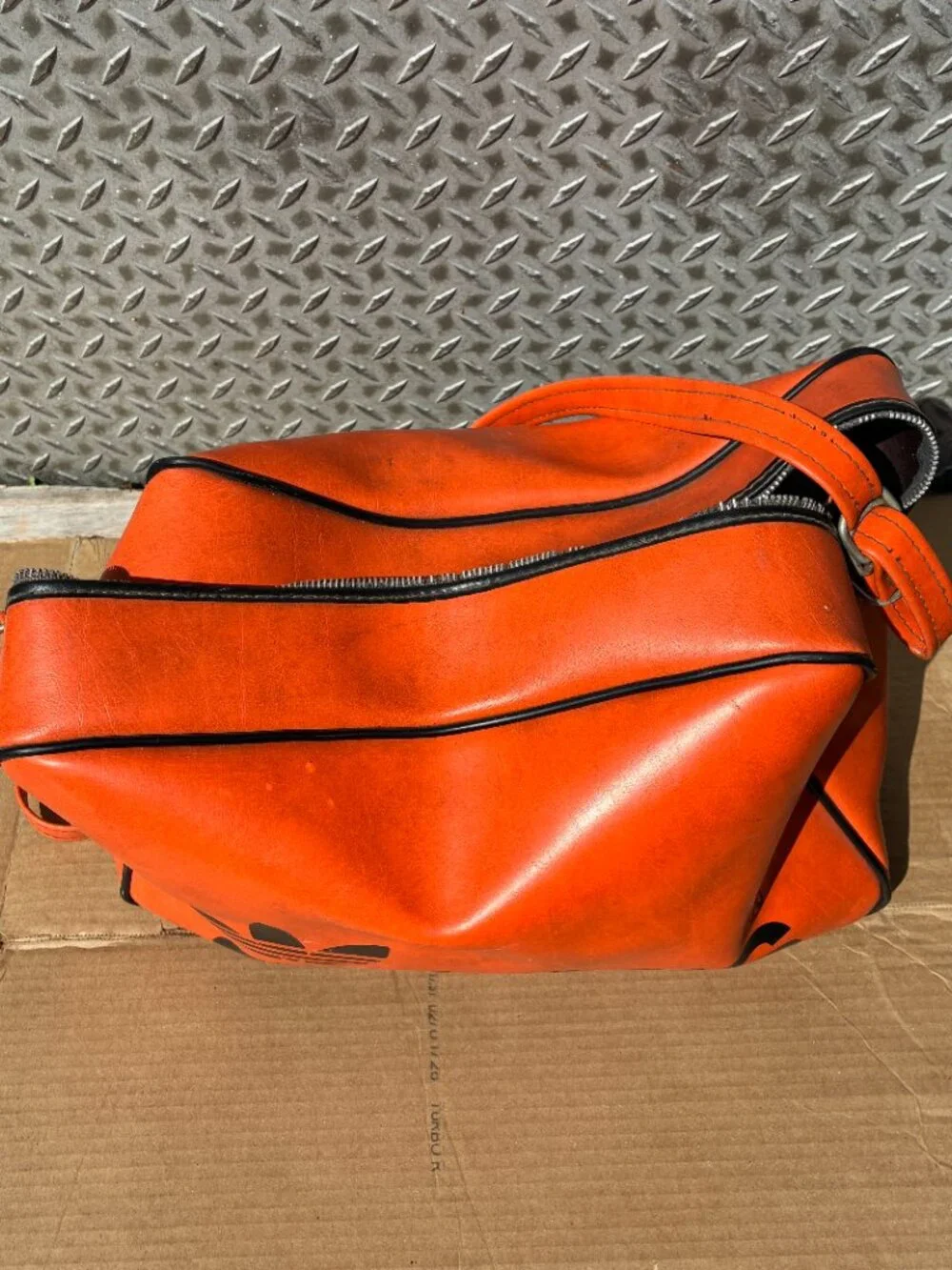 Vintage Adidas Originals Airliner Bag Orange Leather Trefoil Logo 1970s
